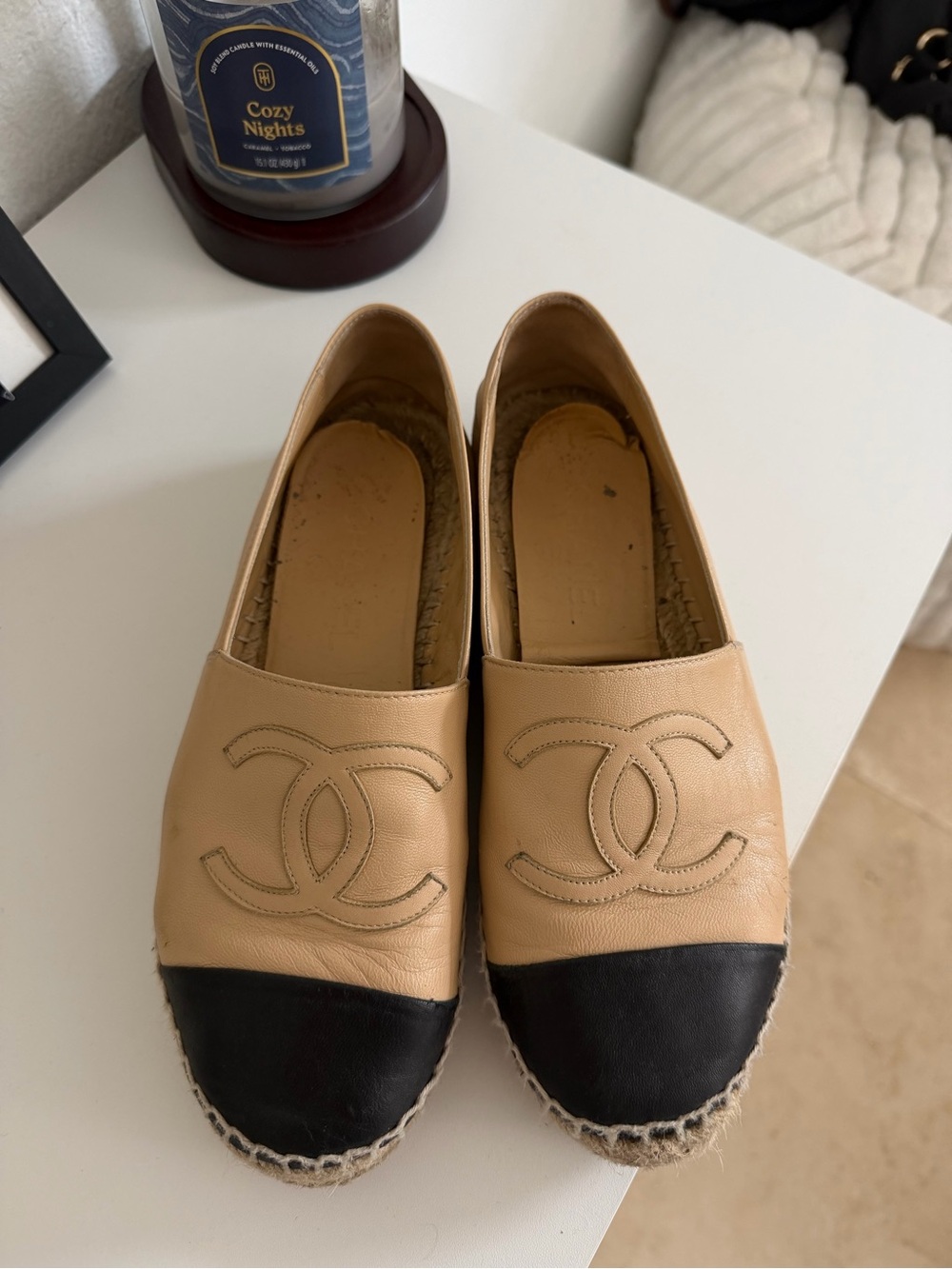 CHANEL Two-Tone Beige and Black Leather Espadrille Flats